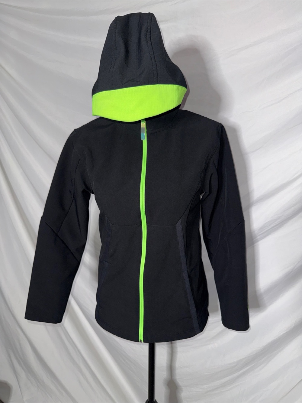 Kids Black Jacket with Neon Green Trim - Hooded Active Coat